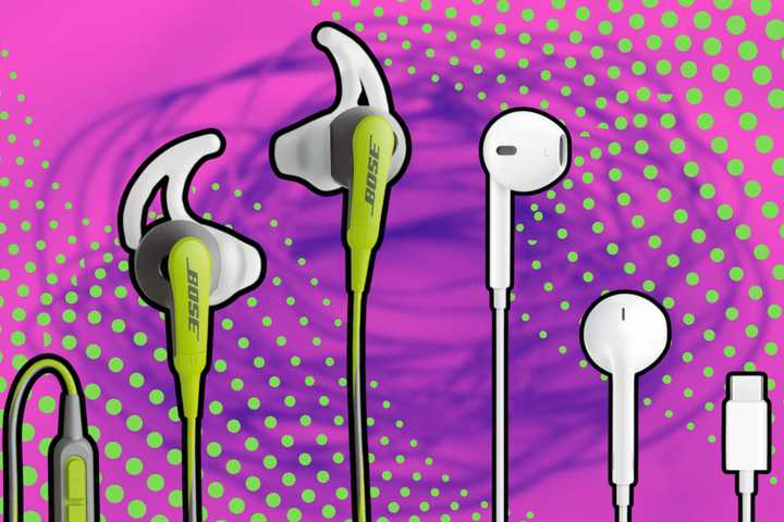 Two pairs of wired headphones. 