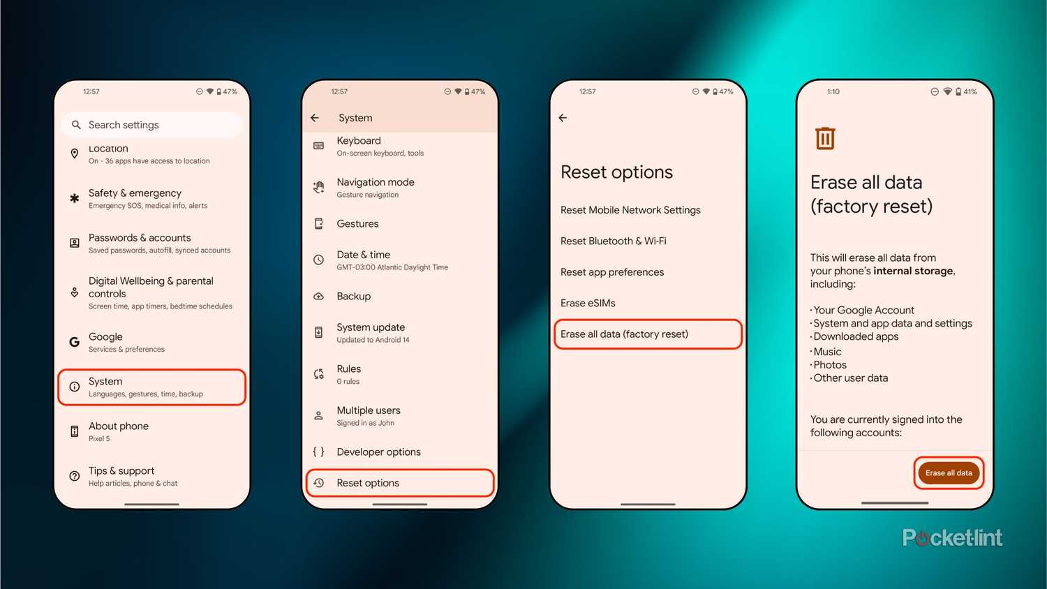 Android performing a factory reset screenshots