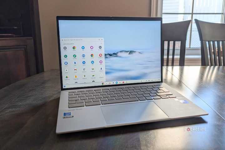 The Asus Chromebook Plus sitting on a table
