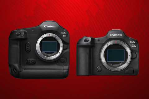 The Canon EOS R1 and EOS R5 Mark II against a red background. 