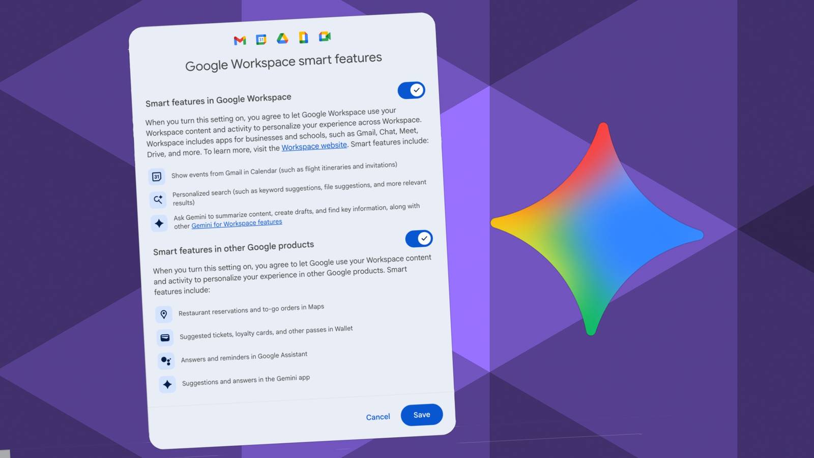 The settings menu for Gemini features in Google Workspace next to the Gemini star logo.