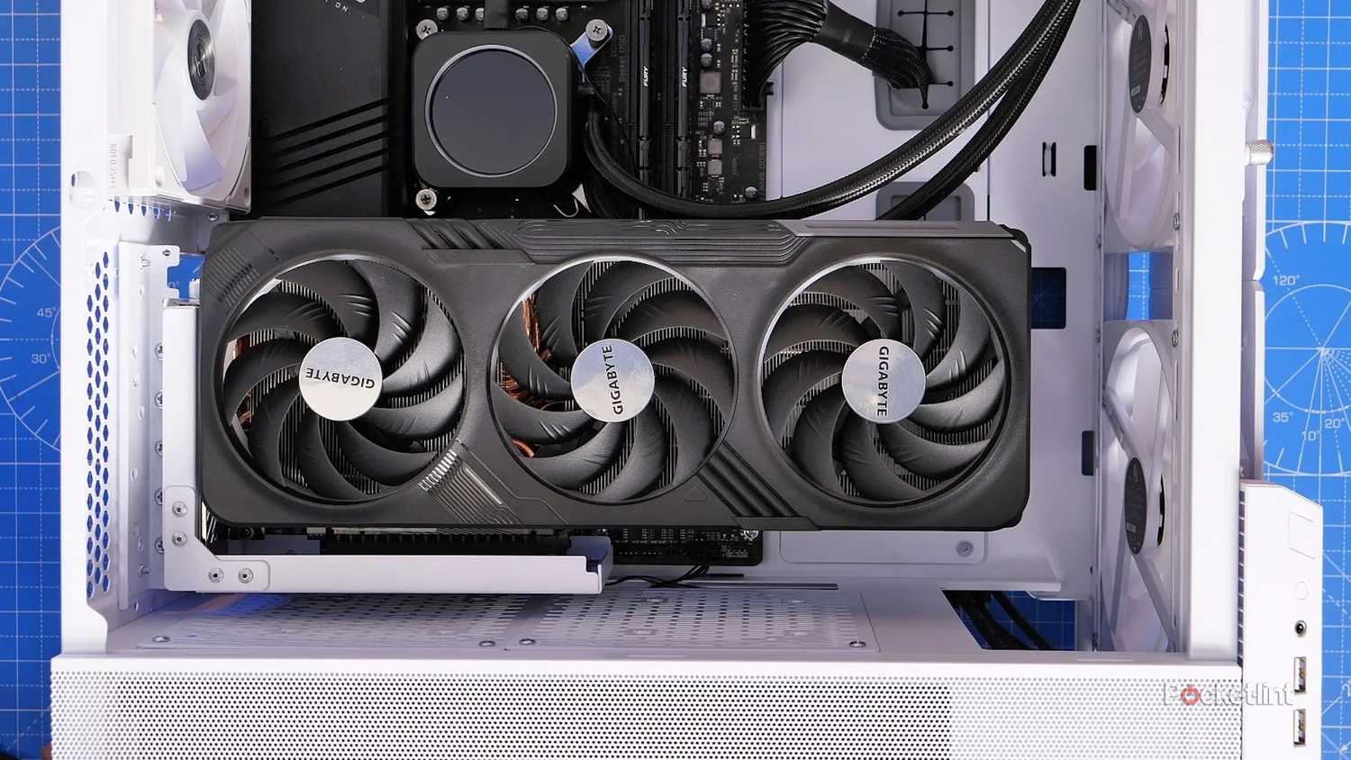 A GPU in an exposed desktop PC.