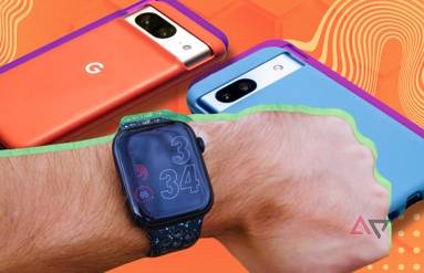 Apple Watch on wrist over two pixel phones on a patterned background