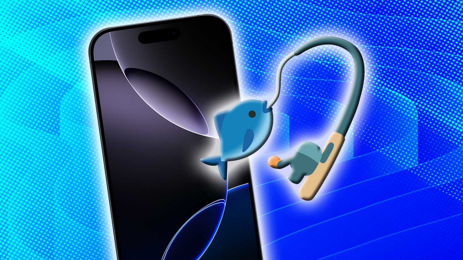 An iPhone and a fishing pole with a fish. 